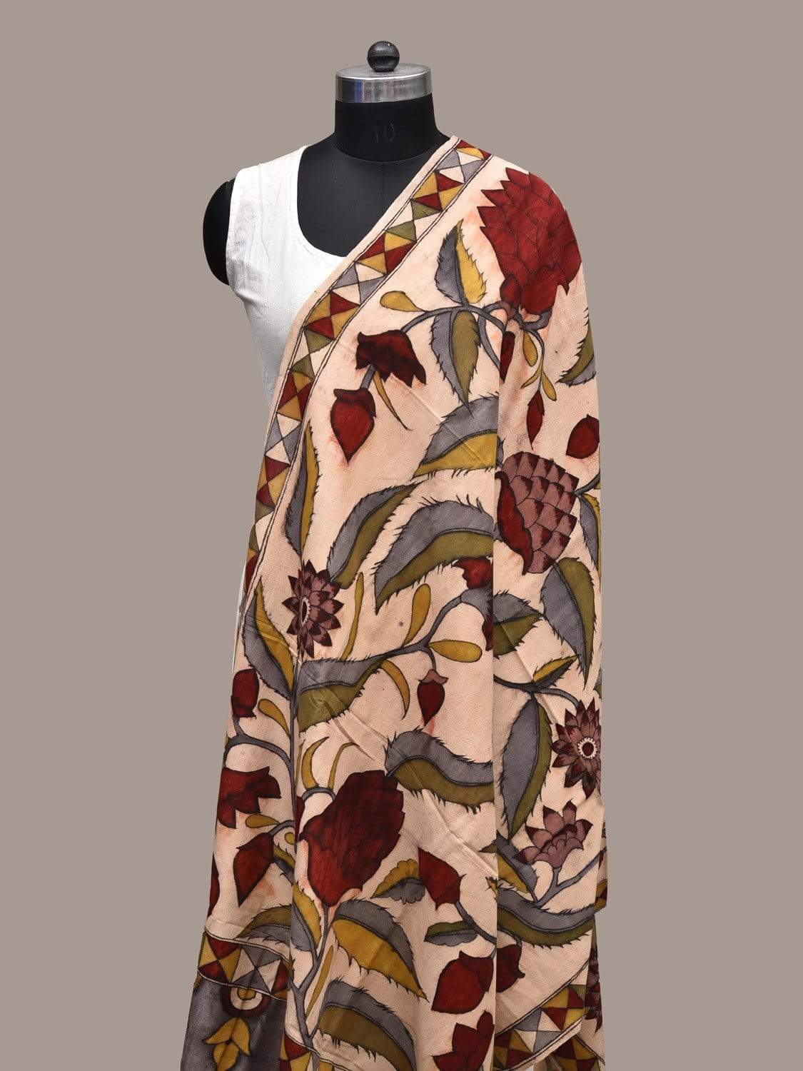 Cream Kalamkari Hand Painted Cotton Handloom Dupatta with Flowers Design ds2228