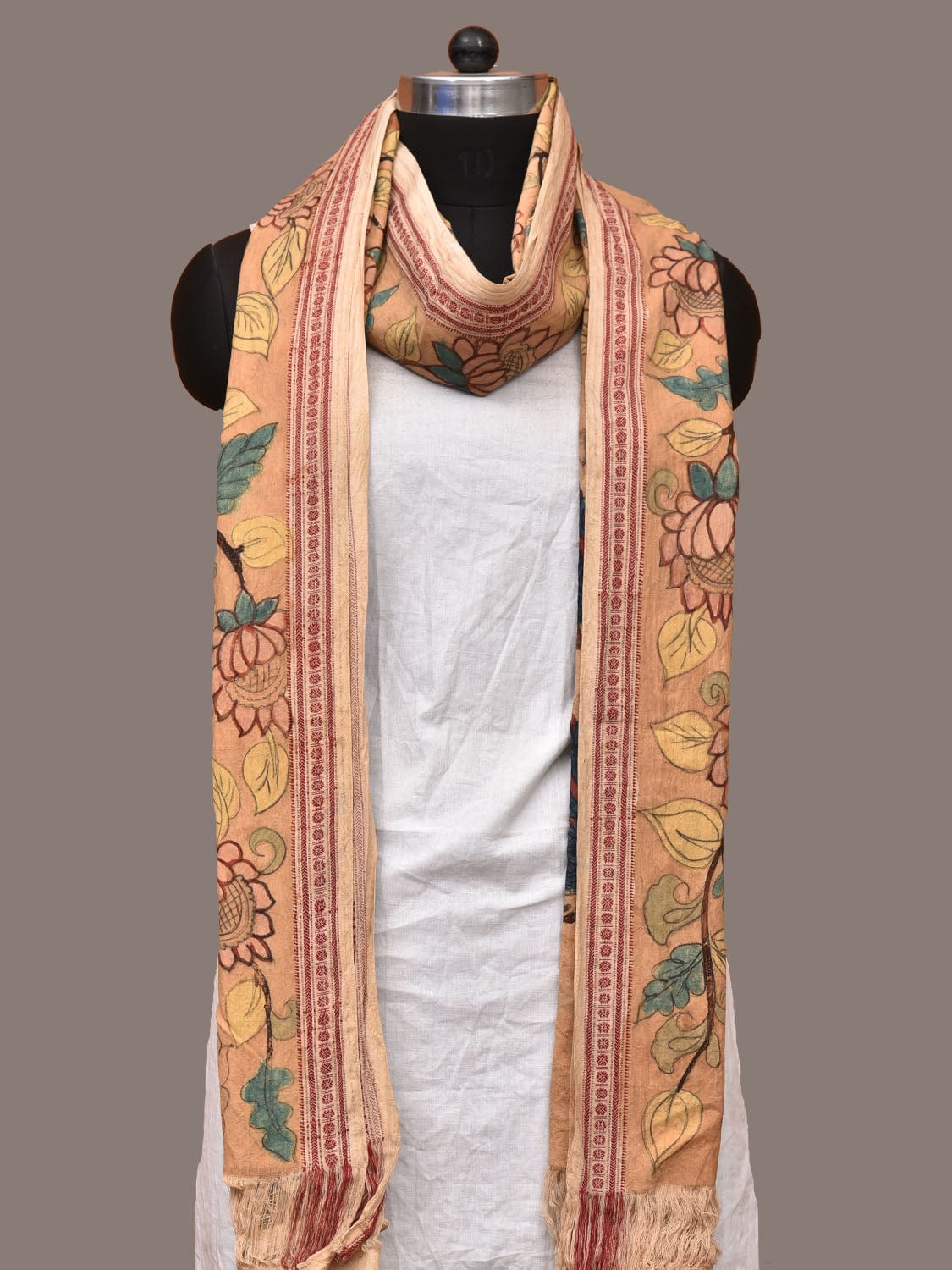 Cream Kalamkari Hand Painted Cotton Handloom Dupatta with Lotus and Peacock Design ds3196
