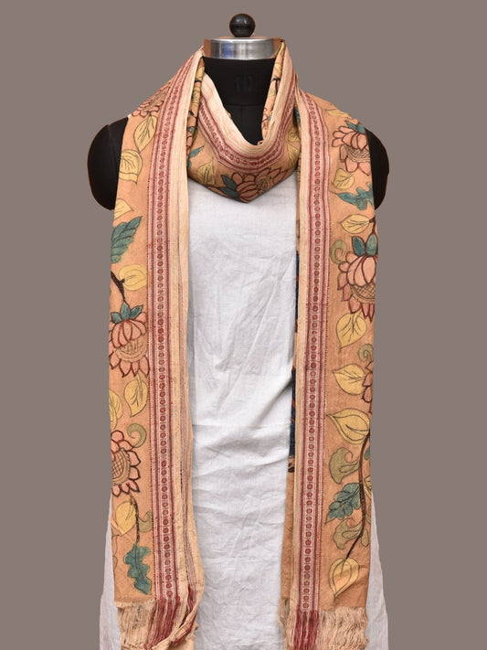 Cream Kalamkari Hand Painted Cotton Handloom Dupatta with Lotus and Peacock Design ds3196