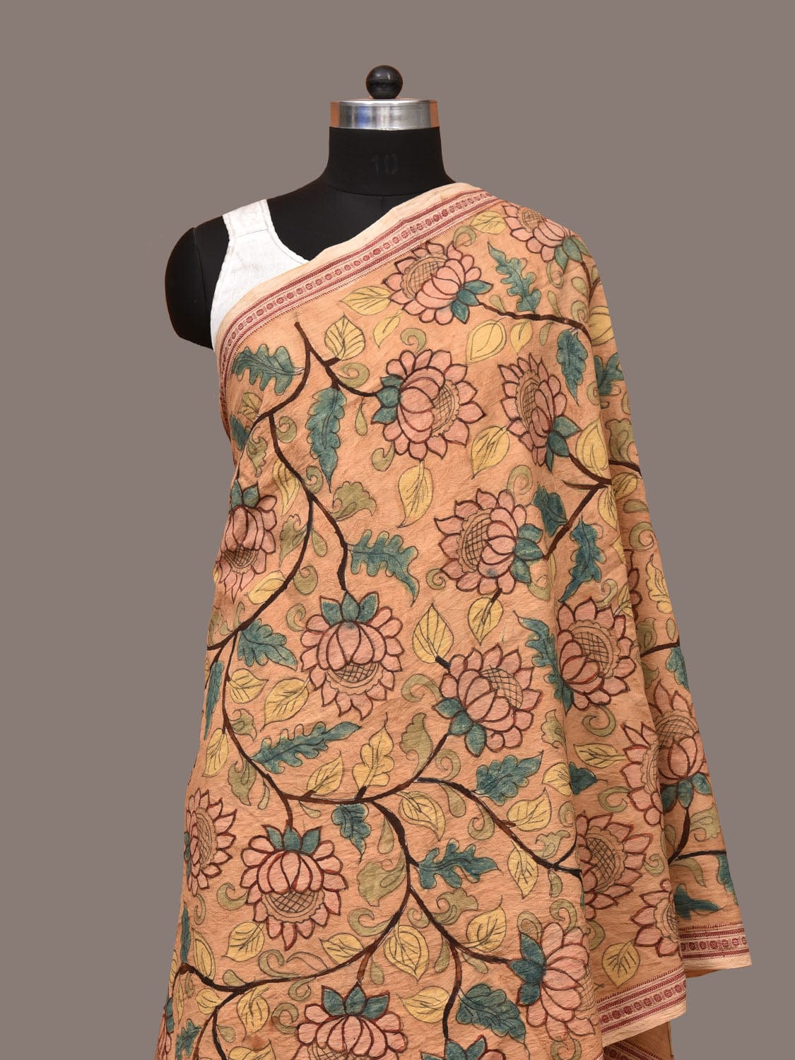 Cream Kalamkari Hand Painted Cotton Handloom Dupatta with Lotus and Peacock Design ds3196