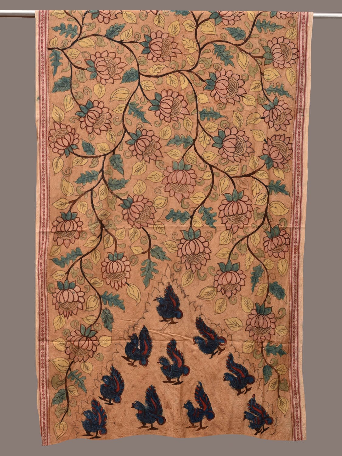 Cream Kalamkari Hand Painted Cotton Handloom Dupatta with Lotus and Peacock Design ds3196