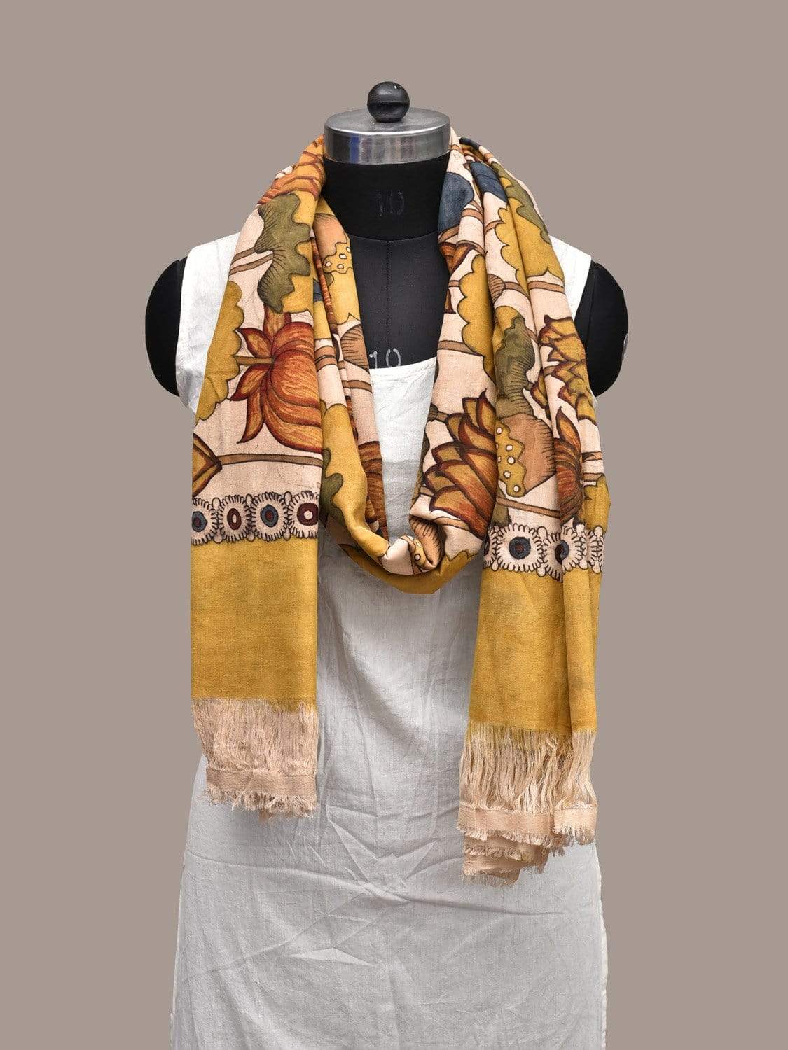 Cream Kalamkari Hand Painted Cotton Handloom Dupatta with Lotus Flowers Design ds2230