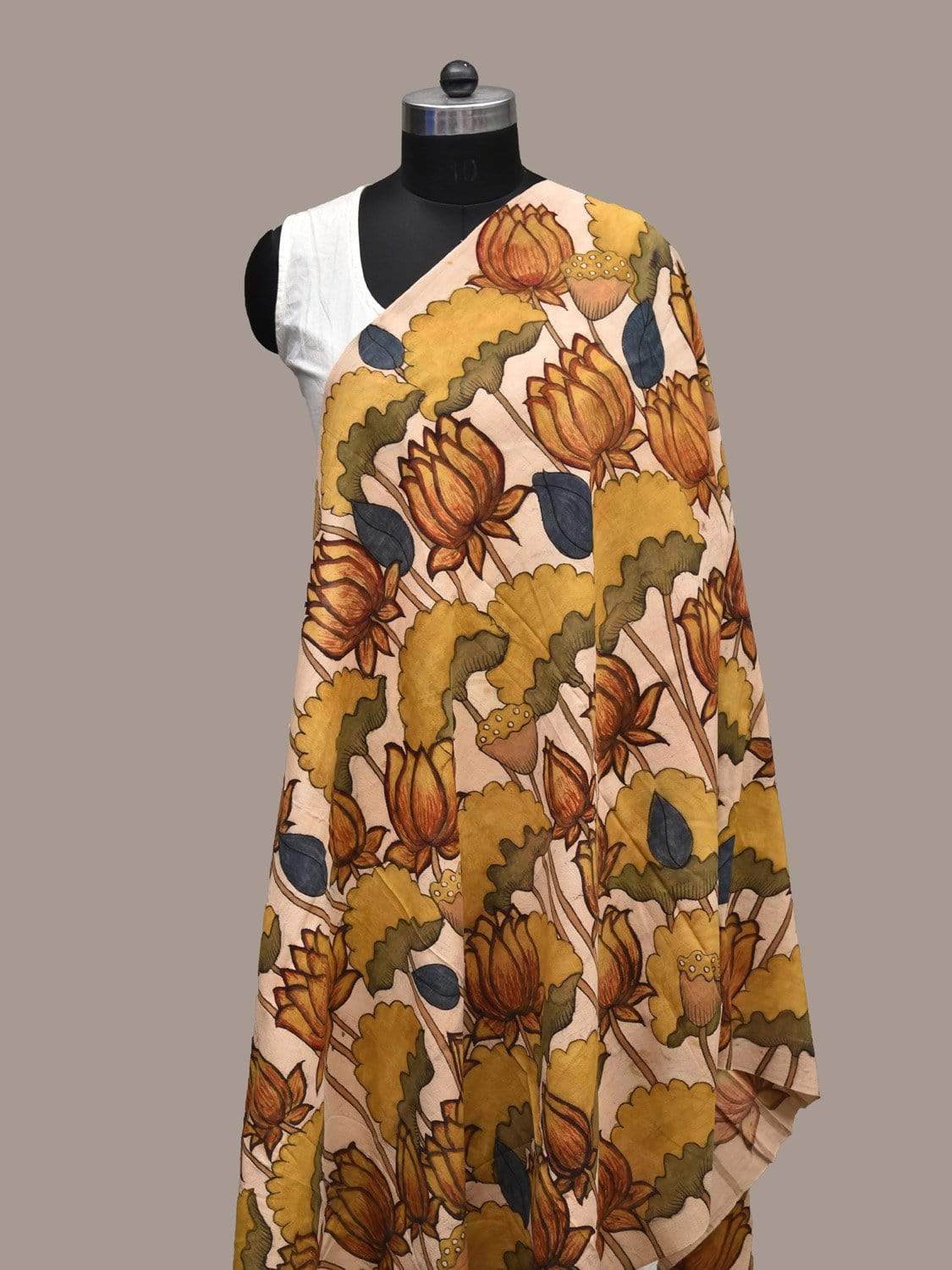 Cream Kalamkari Hand Painted Cotton Handloom Dupatta with Lotus Flowers Design ds2230