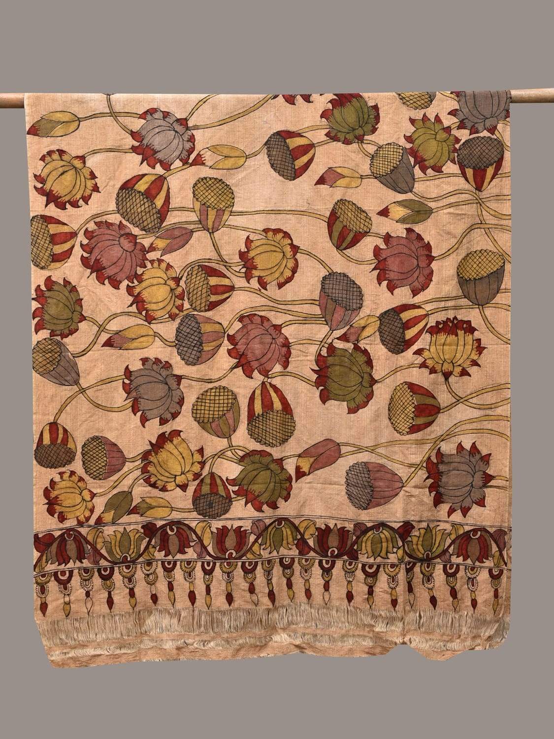 Cream Kalamkari Hand Painted Cotton Handloom Dupatta with Lotus Flowers Design ds2361