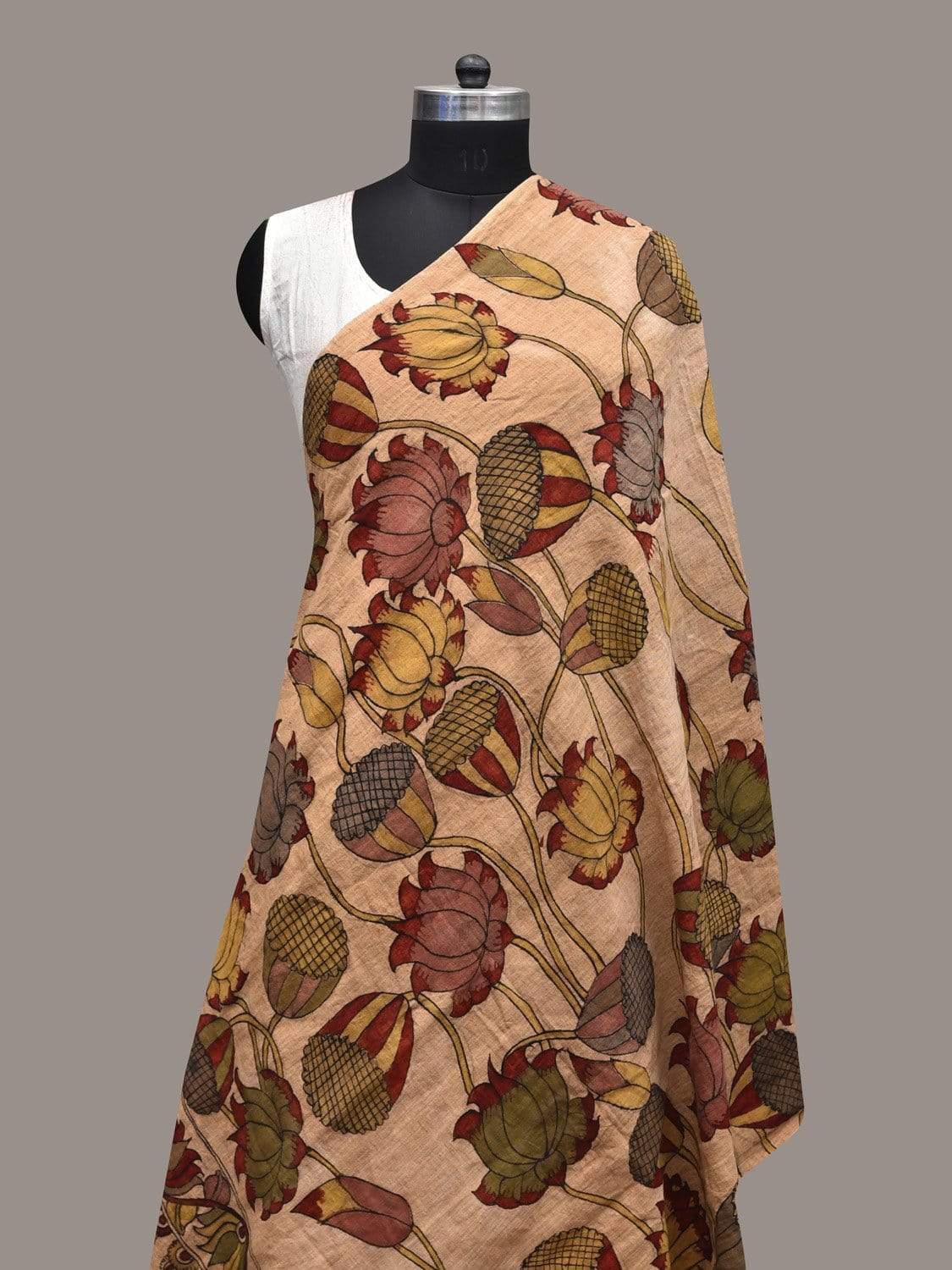 Cream Kalamkari Hand Painted Cotton Handloom Dupatta with Lotus Flowers Design ds2361