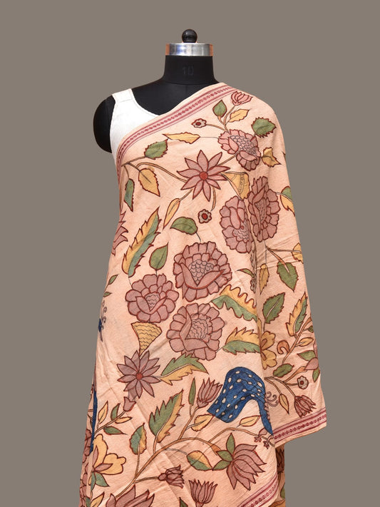 Cream Kalamkari Hand Painted Cotton Handloom Dupatta with Peacocks and Floral Design ds3275