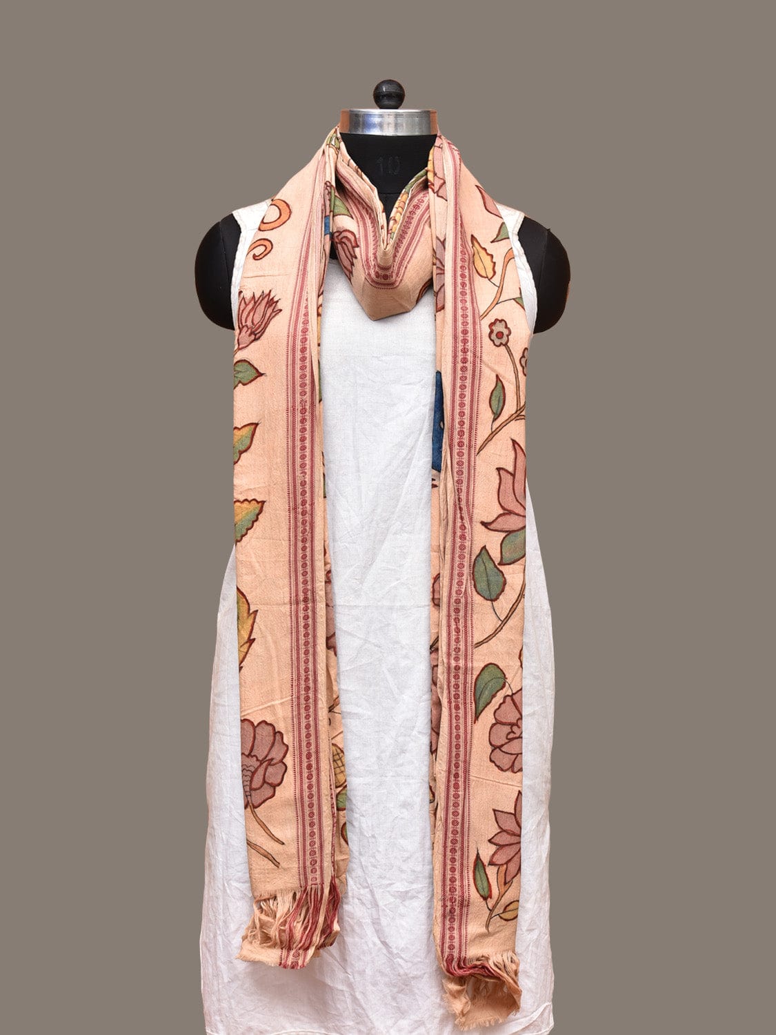 Cream Kalamkari Hand Painted Cotton Handloom Dupatta with Peacocks and Floral Design ds3275