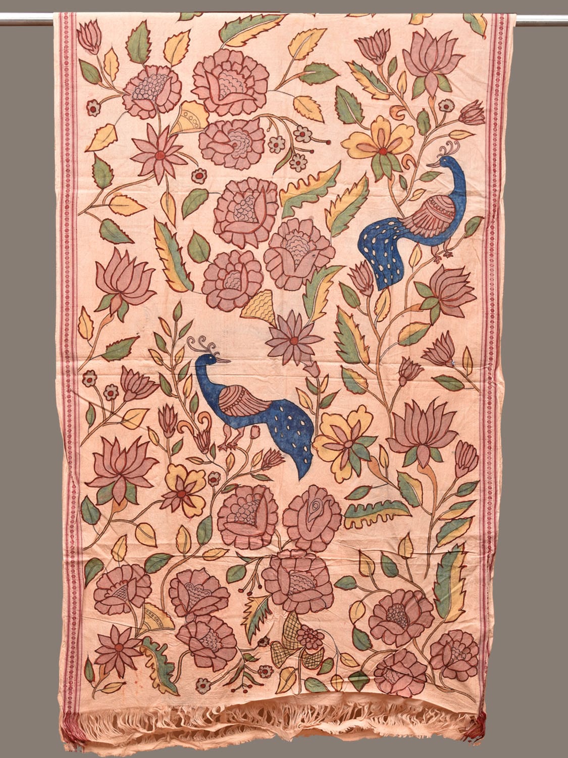 Cream Kalamkari Hand Painted Cotton Handloom Dupatta with Peacocks and Floral Design ds3275