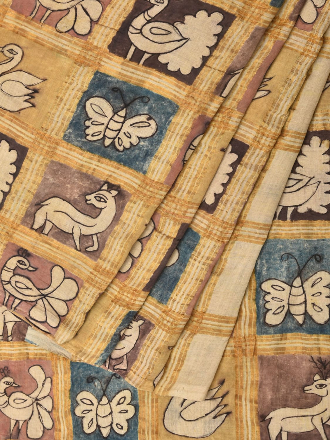 Cream Kalamkari Hand Painted Cotton Handloom Saree with Zari Checks Design KL0760