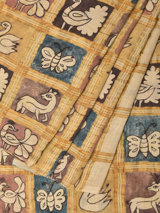 Cream Kalamkari Hand Painted Cotton Handloom Saree with Zari Checks Design KL0760