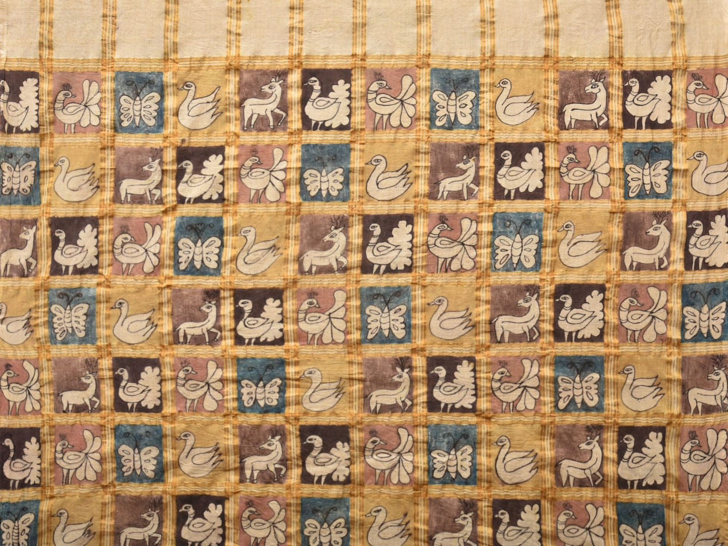 Cream Kalamkari Hand Painted Cotton Handloom Saree with Zari Checks Design KL0760