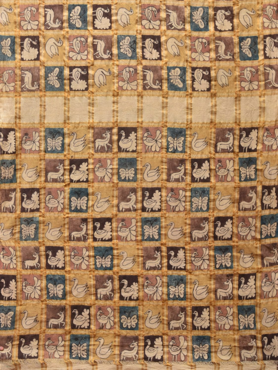 Cream Kalamkari Hand Painted Cotton Handloom Saree with Zari Checks Design KL0760