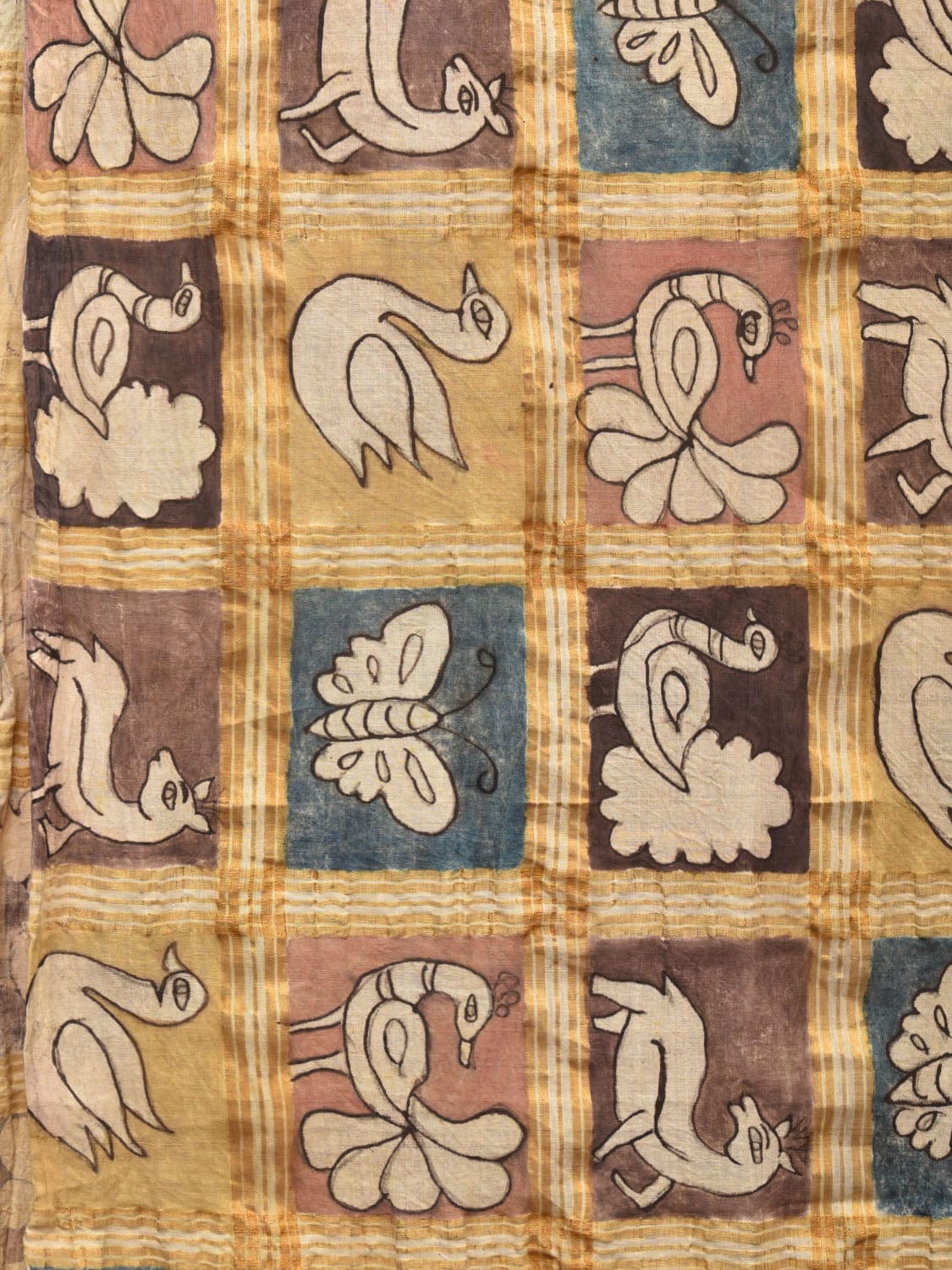 Cream Kalamkari Hand Painted Cotton Handloom Saree with Zari Checks Design KL0760