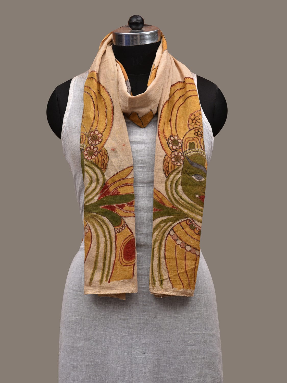 Cream Kalamkari Hand Painted Cotton Handloom Stole with Big Flowers Design ds2824