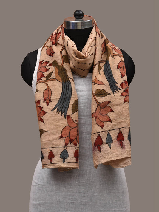 Cream Kalamkari Hand Painted Cotton Handloom Stole with Birds and Lotus Design ds2805