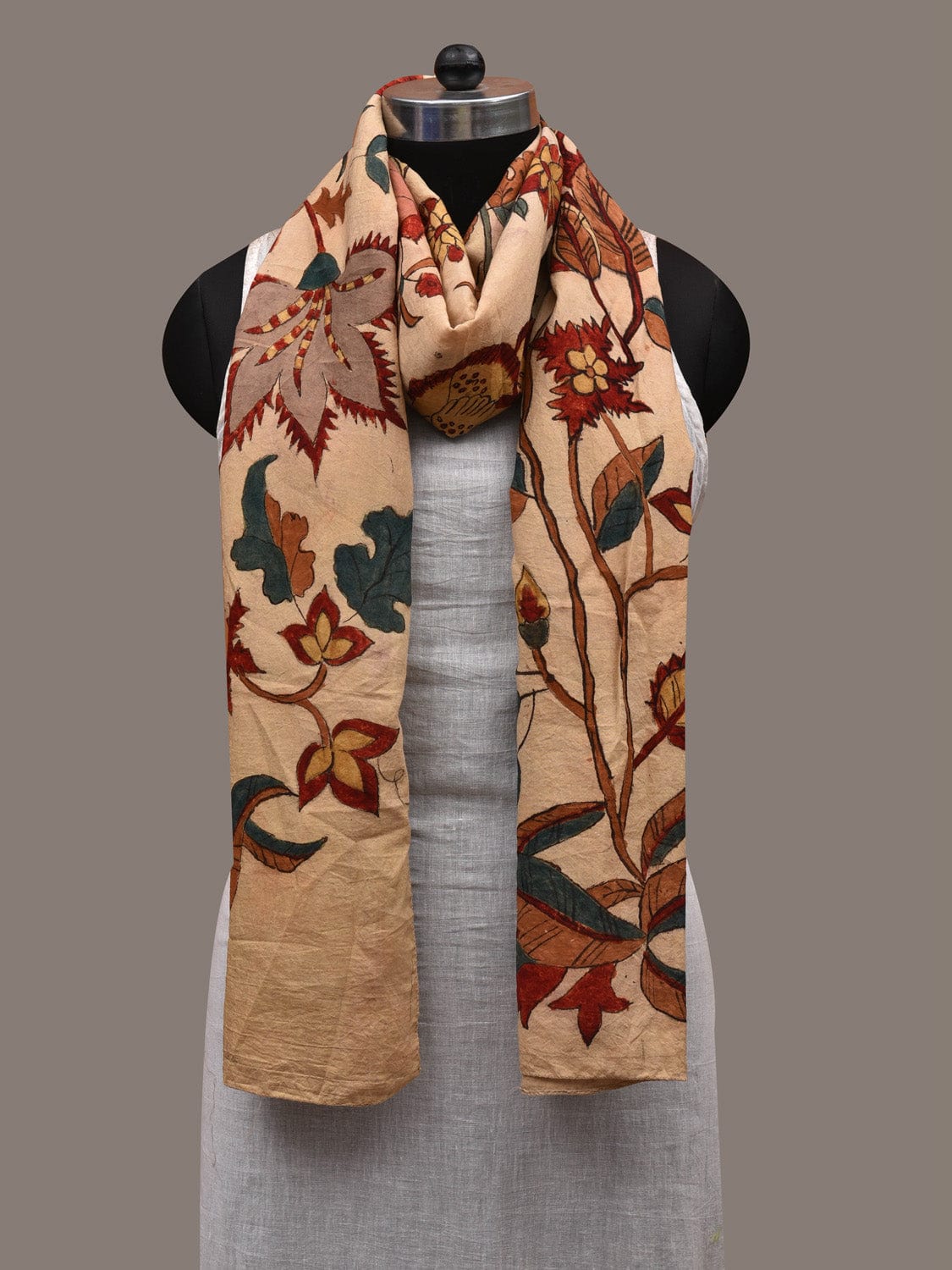 Cream Kalamkari Hand Painted Cotton Handloom Stole with Exotic Flowers Design ds2807