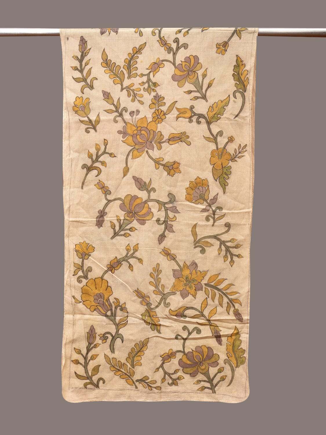 Cream Kalamkari Hand Painted Cotton Handloom Stole with Floral and Birds Design ds3387