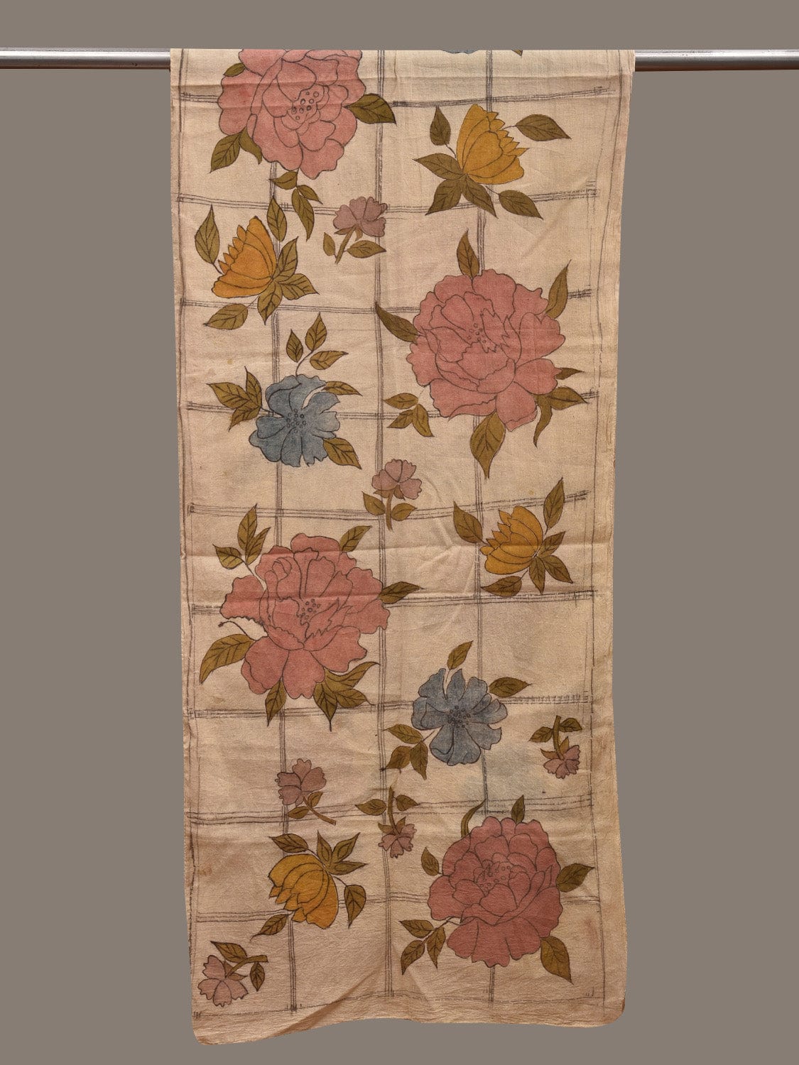 Cream Kalamkari Hand Painted Cotton Handloom Stole with Floral and Checks Design ds2757