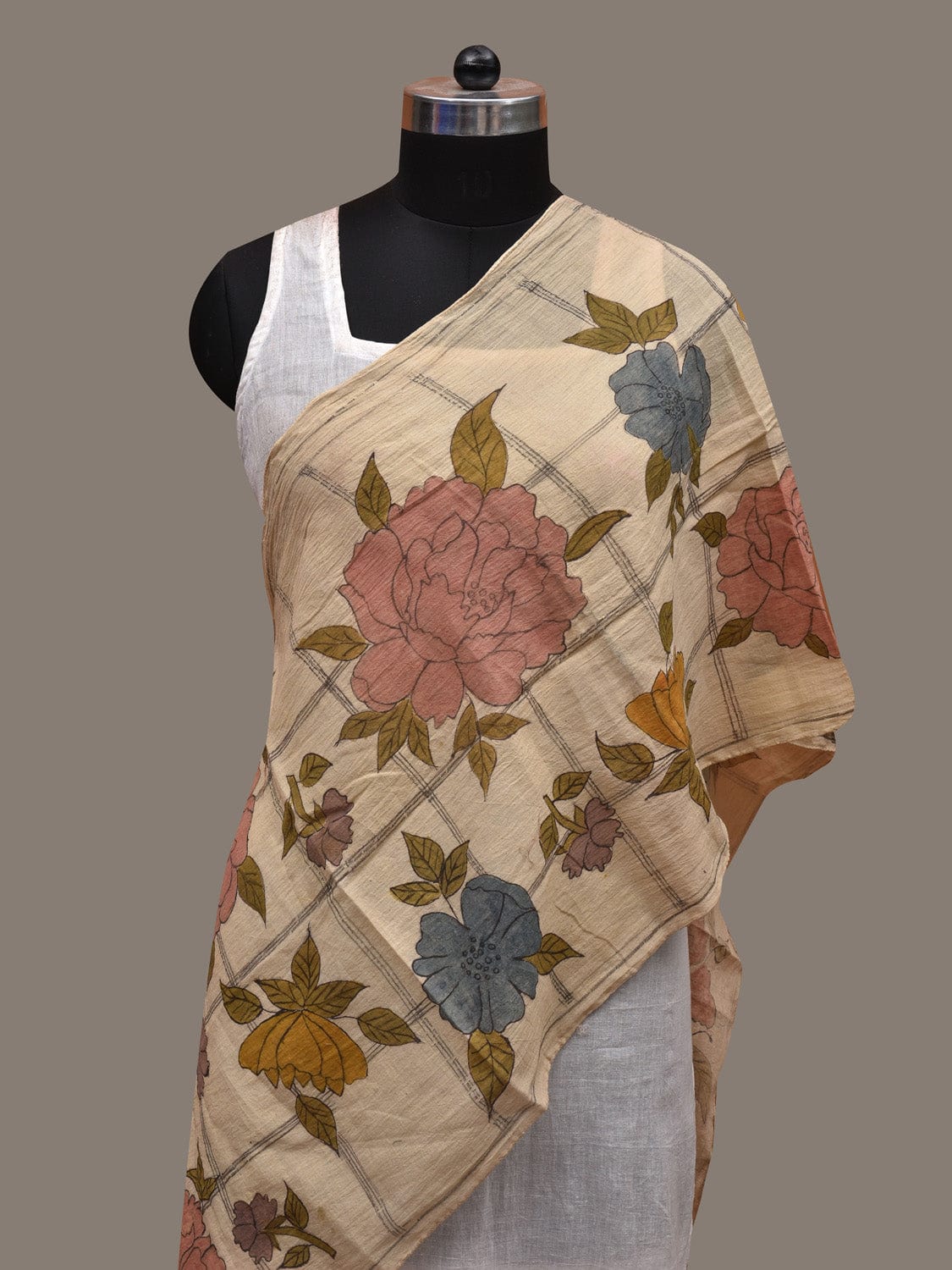 Cream Kalamkari Hand Painted Cotton Handloom Stole with Floral and Checks Design ds2757