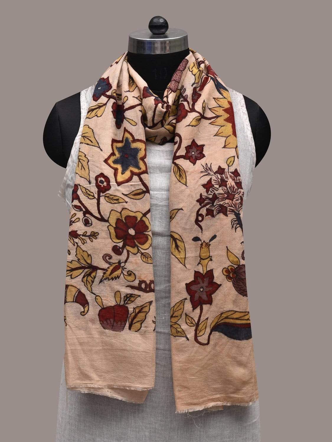Cream Kalamkari Hand Painted Cotton Handloom Stole with Floral Design ds2530