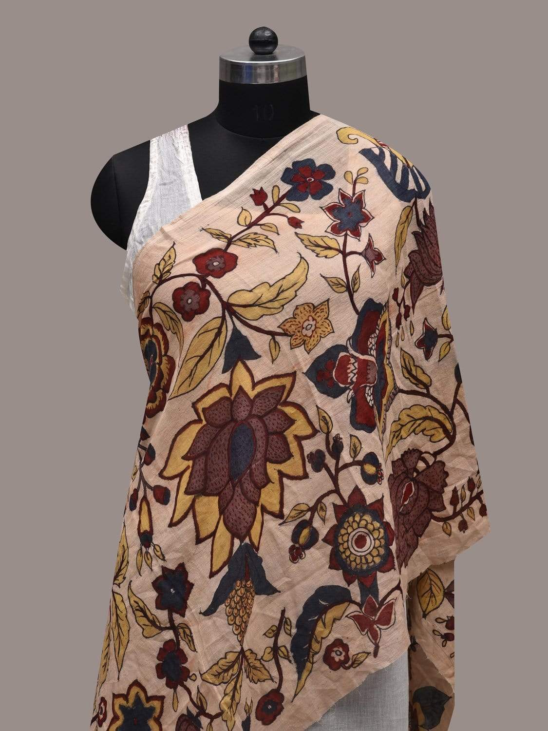 Cream Kalamkari Hand Painted Cotton Handloom Stole with Floral Design ds2530