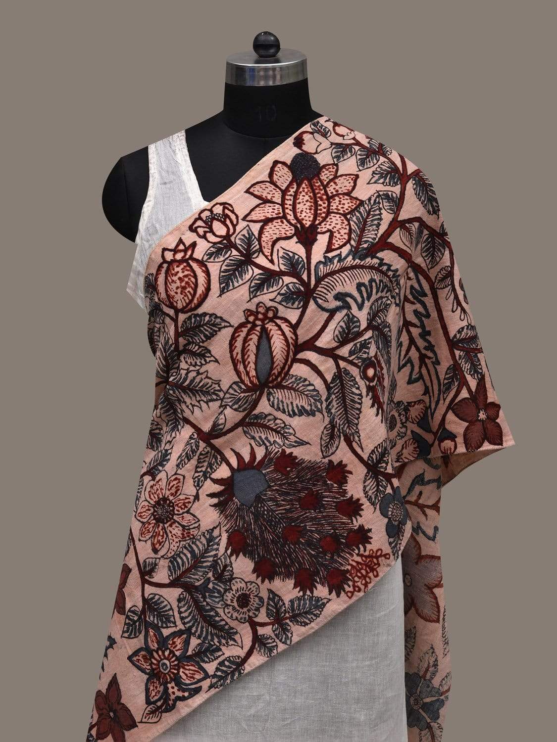 Cream Kalamkari Hand Painted Cotton Handloom Stole with Floral Design ds2546