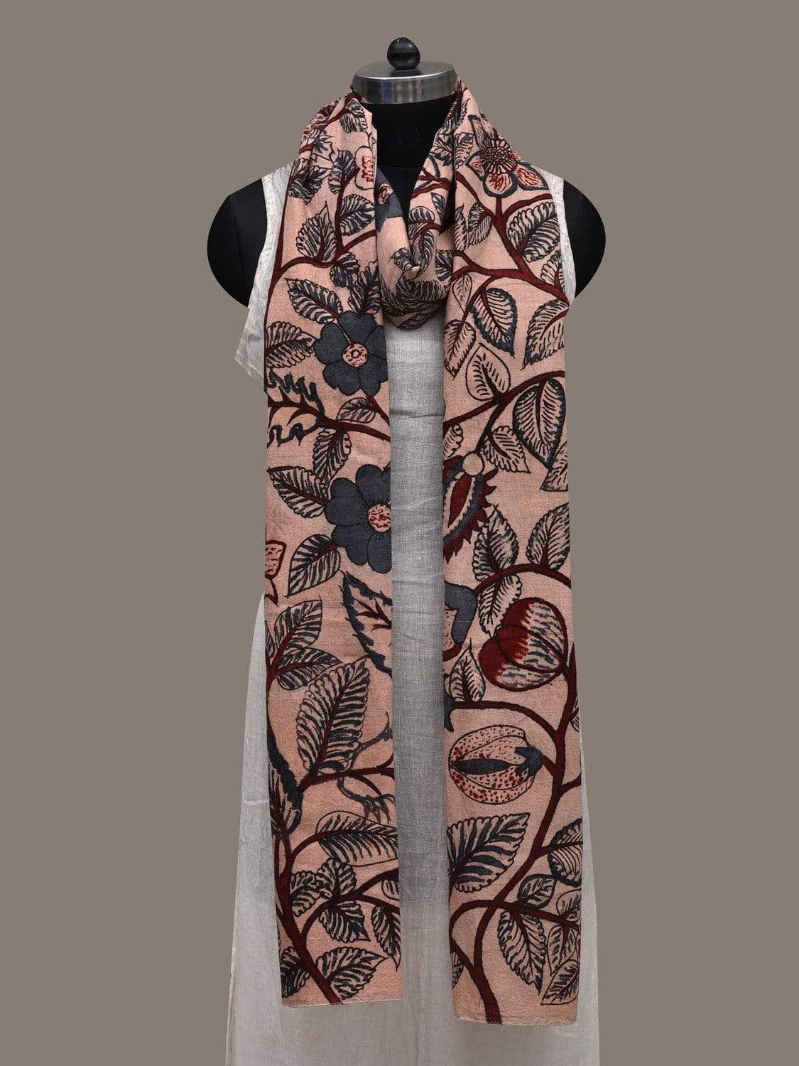 Cream Kalamkari Hand Painted Cotton Handloom Stole with Floral Design ds2546