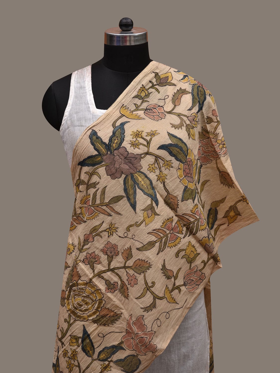 Cream Kalamkari Hand Painted Cotton Handloom Stole with Floral Design ds2741