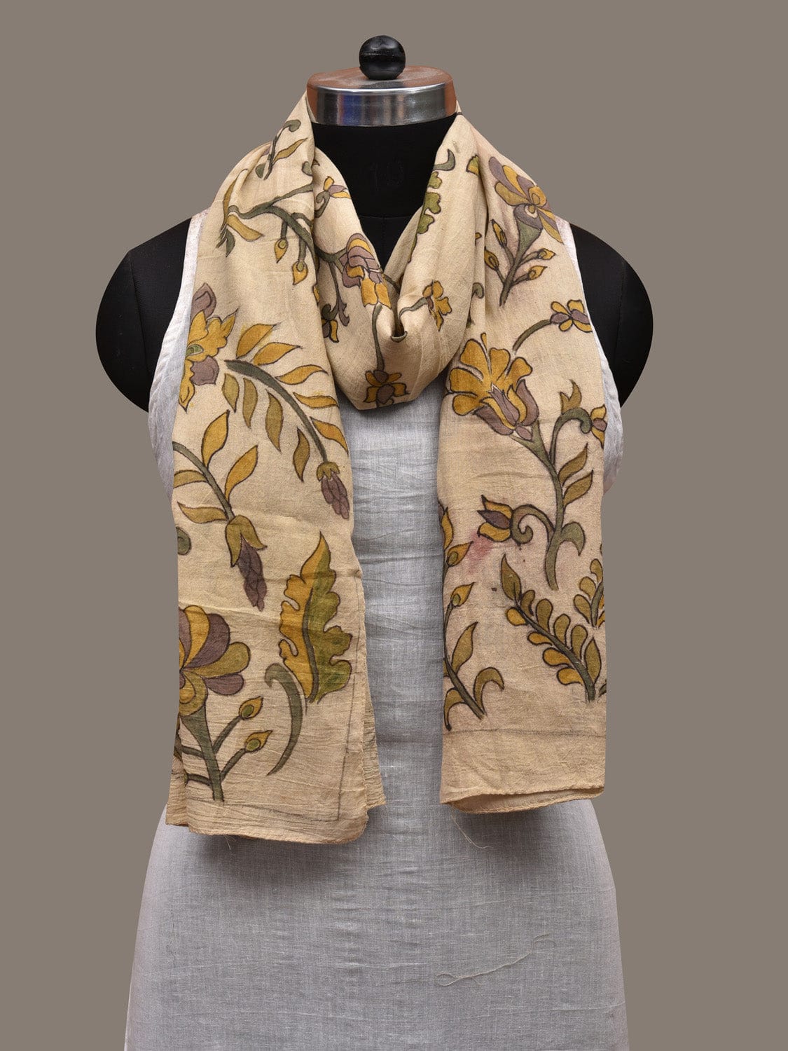 Cream Kalamkari Hand Painted Cotton Handloom Stole with Floral Design ds2762