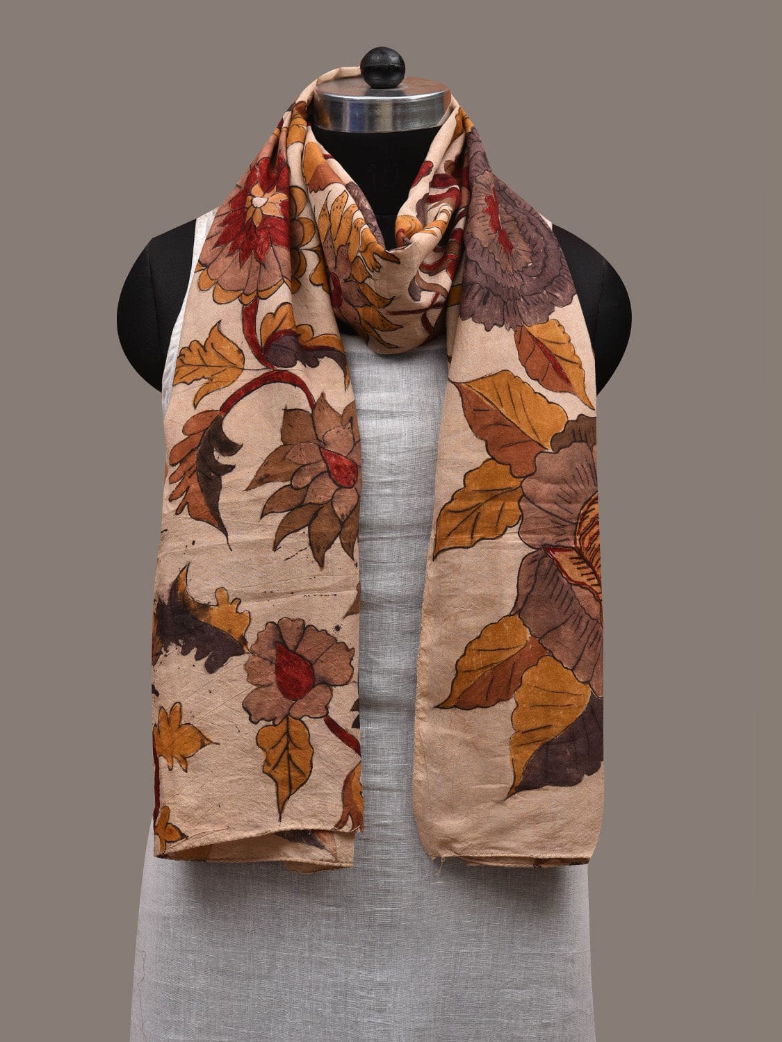 Cream Kalamkari Hand Painted Cotton Handloom Stole with Floral Design ds2804