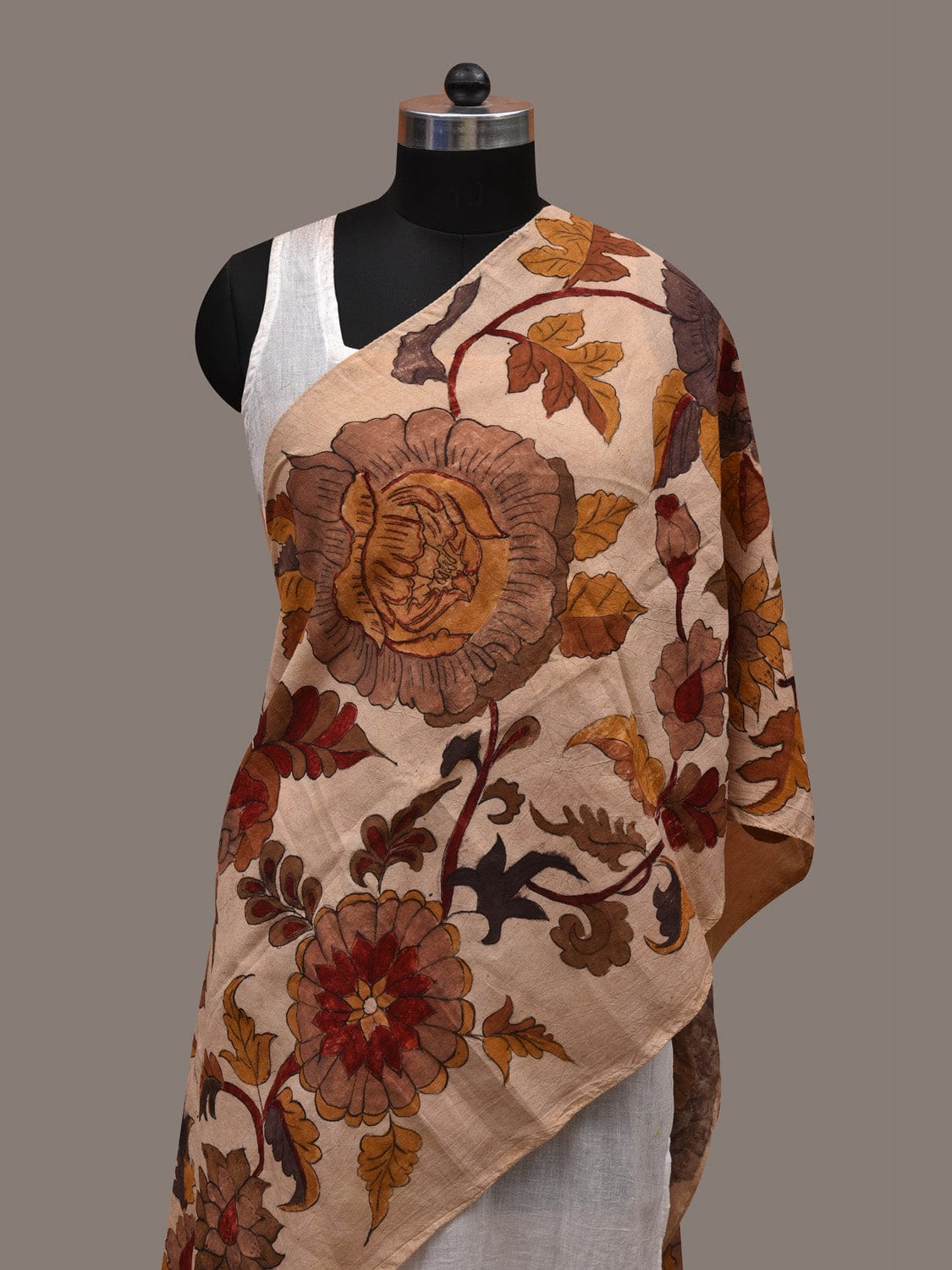 Cream Kalamkari Hand Painted Cotton Handloom Stole with Floral Design ds2804