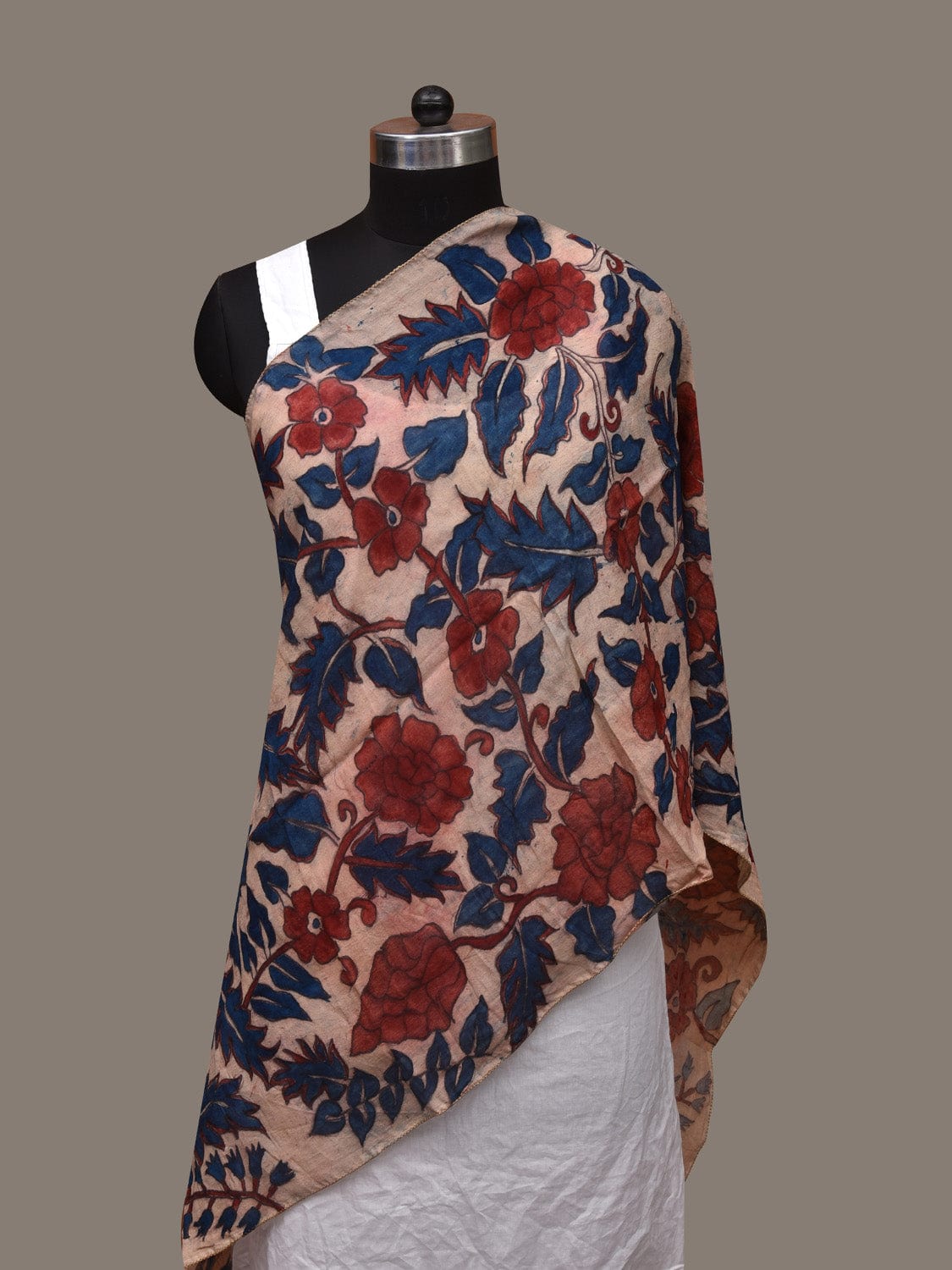 Cream Kalamkari Hand Painted Cotton Handloom Stole with Floral Design ds3023