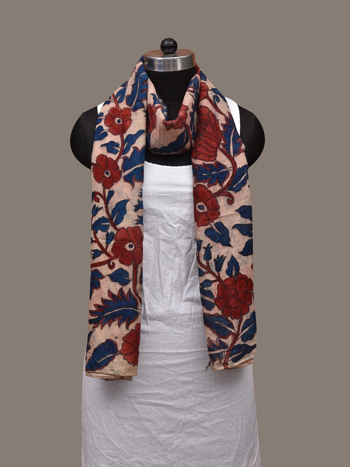 Cream Kalamkari Hand Painted Cotton Handloom Stole with Floral Design ds3023