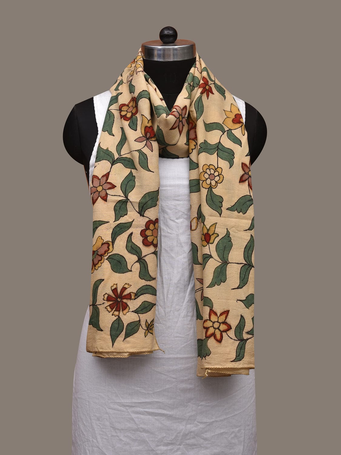 Cream Kalamkari Hand Painted Cotton Handloom Stole with Floral Design ds3048