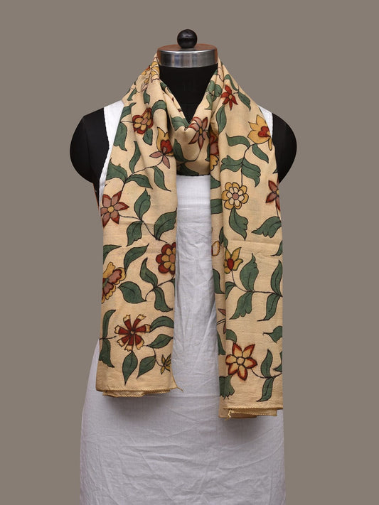Cream Kalamkari Hand Painted Cotton Handloom Stole with Floral Design ds3048