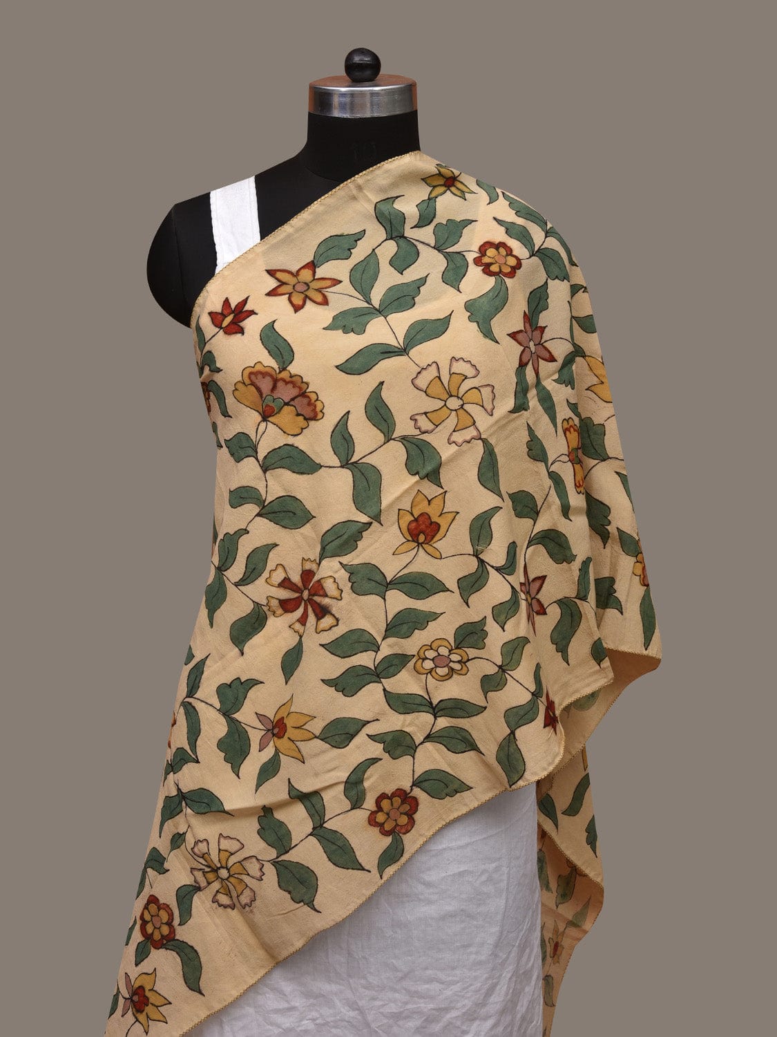 Cream Kalamkari Hand Painted Cotton Handloom Stole with Floral Design ds3048