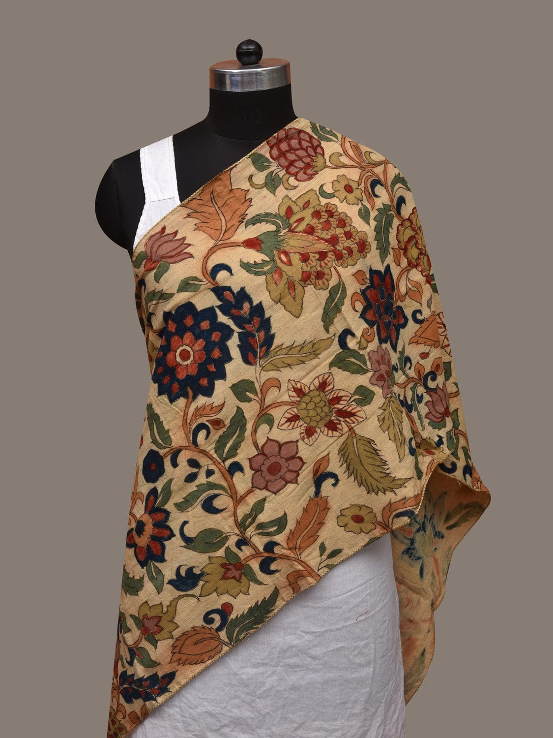 Cream Kalamkari Hand Painted Cotton Handloom Stole with Floral Design ds3052