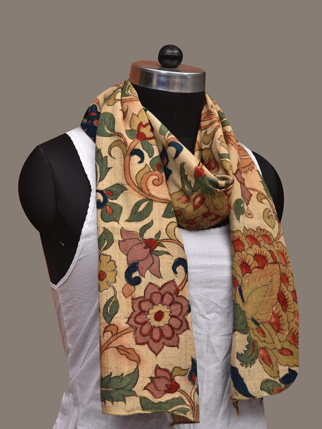 Cream Kalamkari Hand Painted Cotton Handloom Stole with Floral Design ds3052