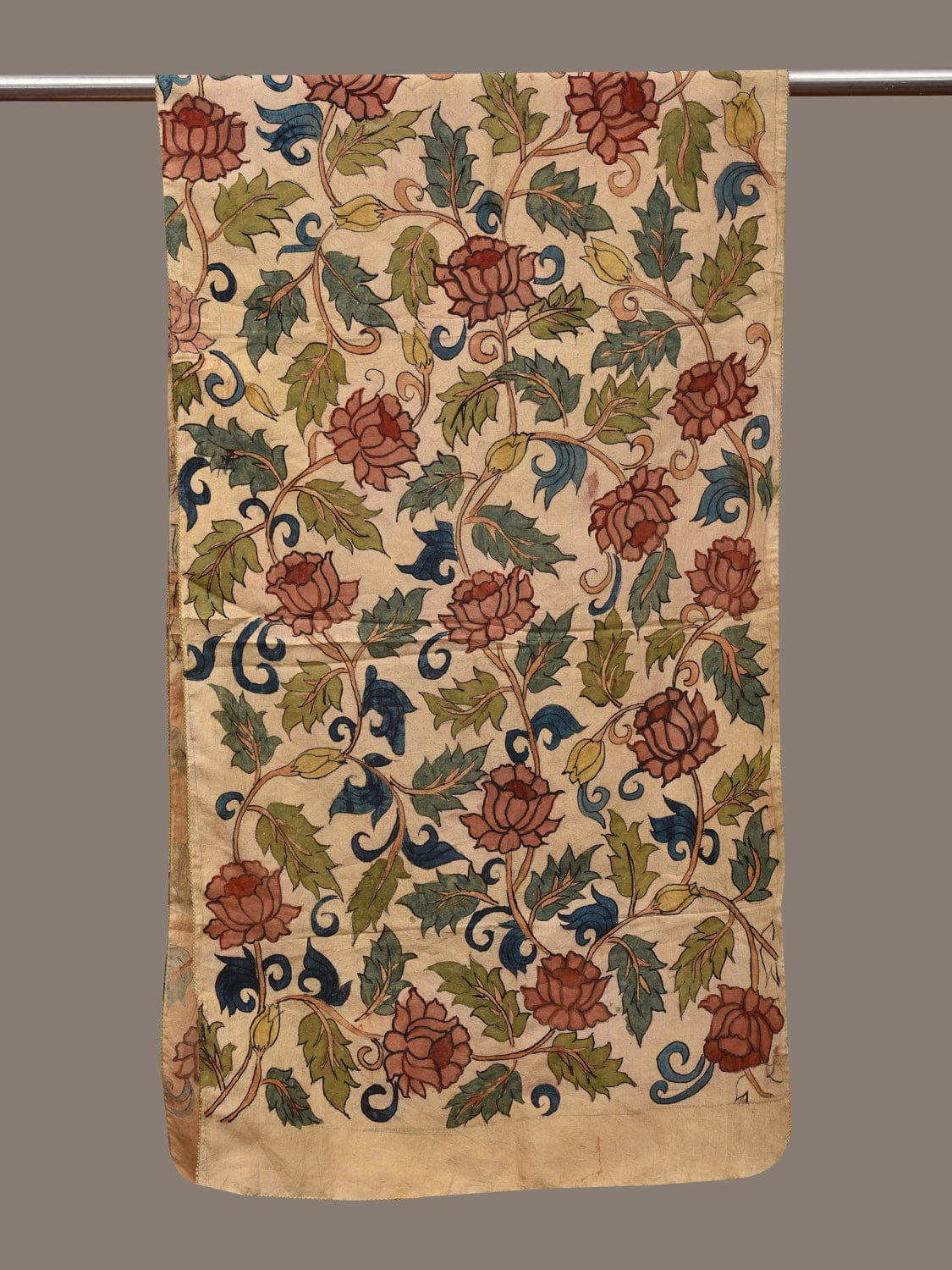 Cream Kalamkari Hand Painted Cotton Handloom Stole with Lotus Flowers Design ds3050