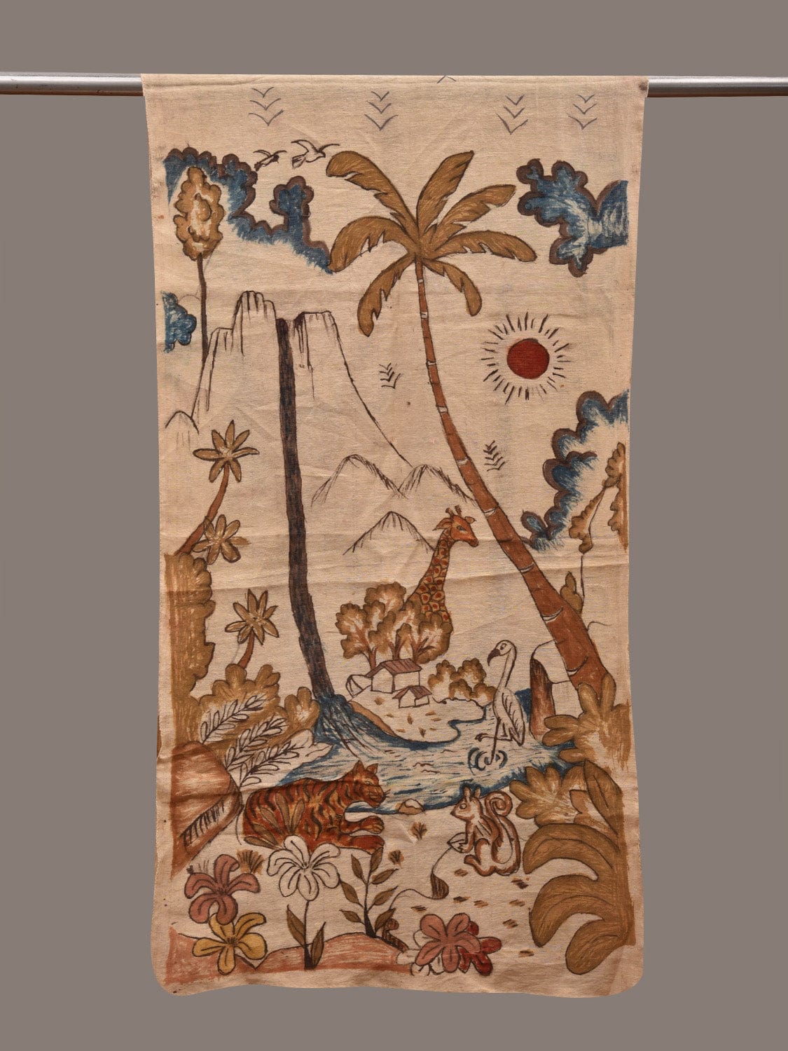 Cream Kalamkari Hand Painted Cotton Handloom Stole with Trees and Animals Design ds2802