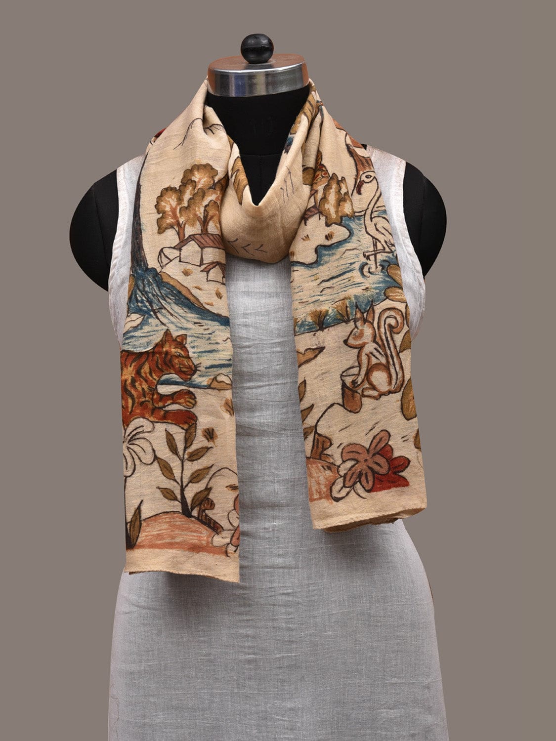 Cream Kalamkari Hand Painted Cotton Handloom Stole with Trees and Animals Design ds2802