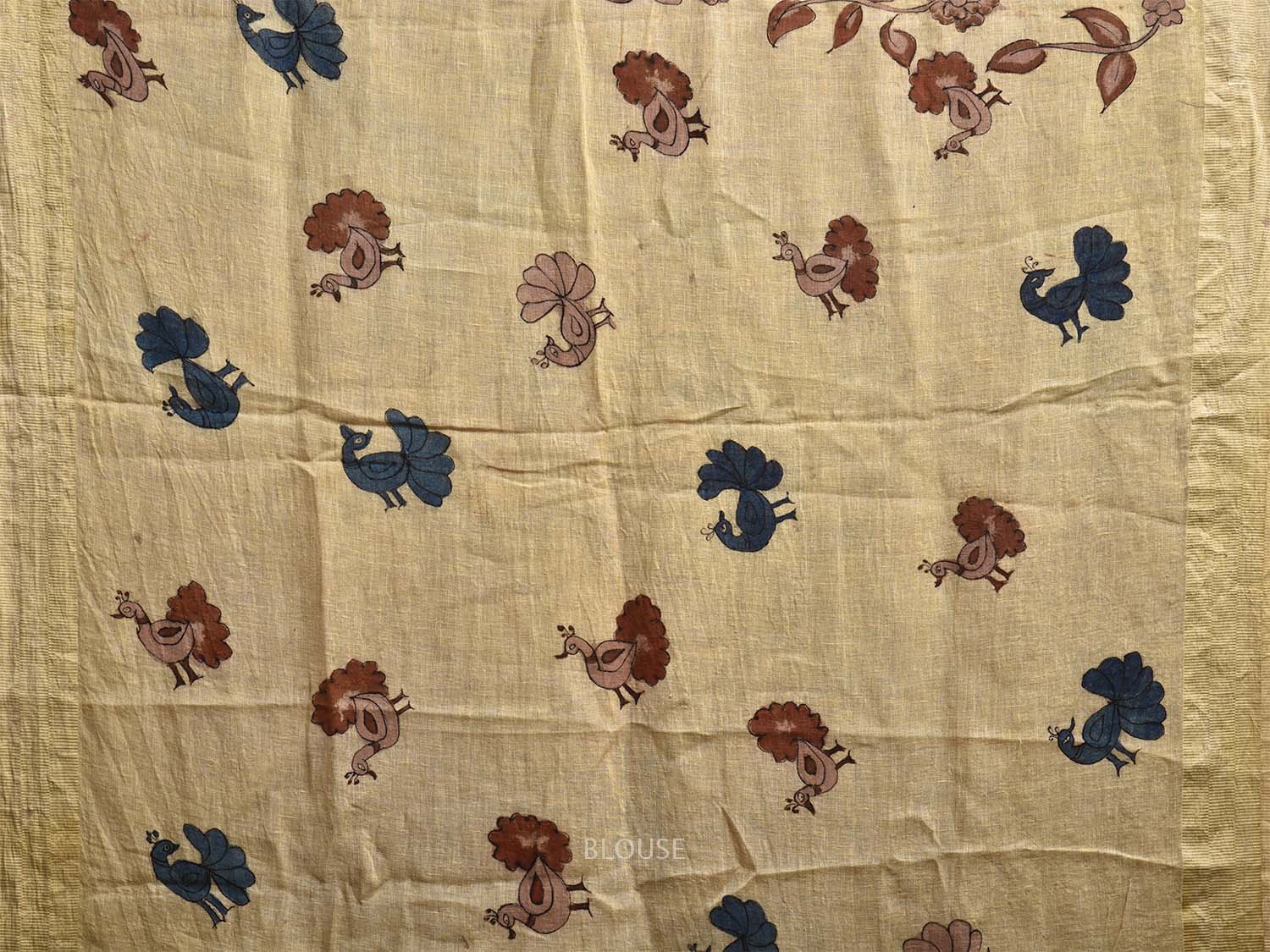 Cream Kalamkari Hand Painted Cotton Linen Saree with Tree of Life and Peacocks Pallu Design KL0804