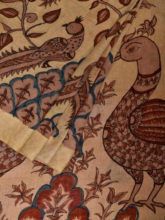 Cream Kalamkari Hand Painted Cotton Linen Saree with Tree of Life and Peacocks Pallu Design KL0804