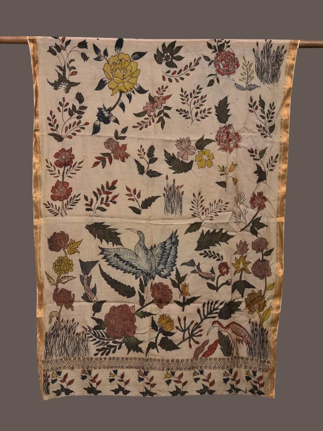 Cream Kalamkari Hand Painted Cotton Silk Dupatta with Floral and Birds Design ds2376
