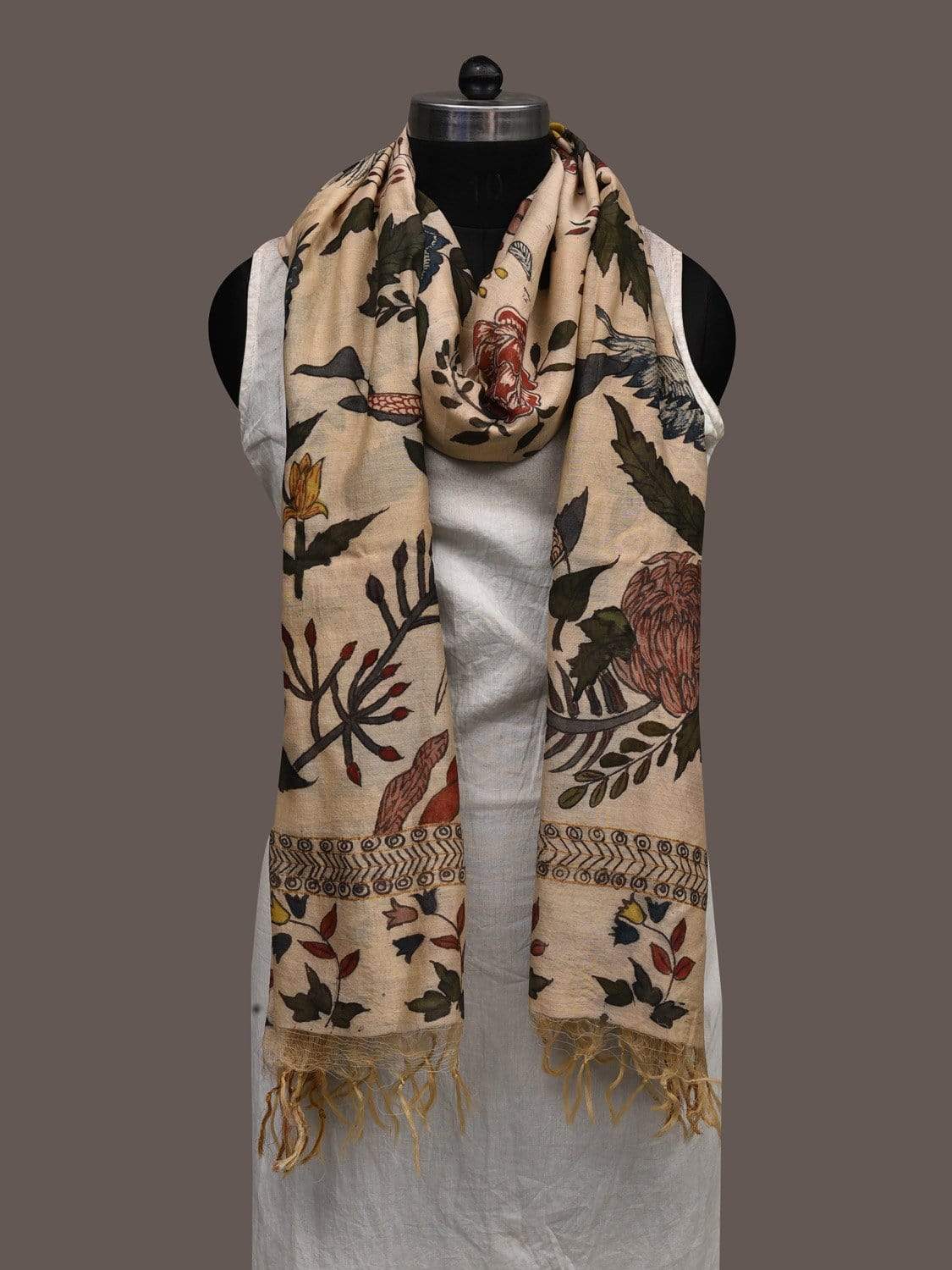 Cream Kalamkari Hand Painted Cotton Silk Dupatta with Floral and Birds Design ds2376
