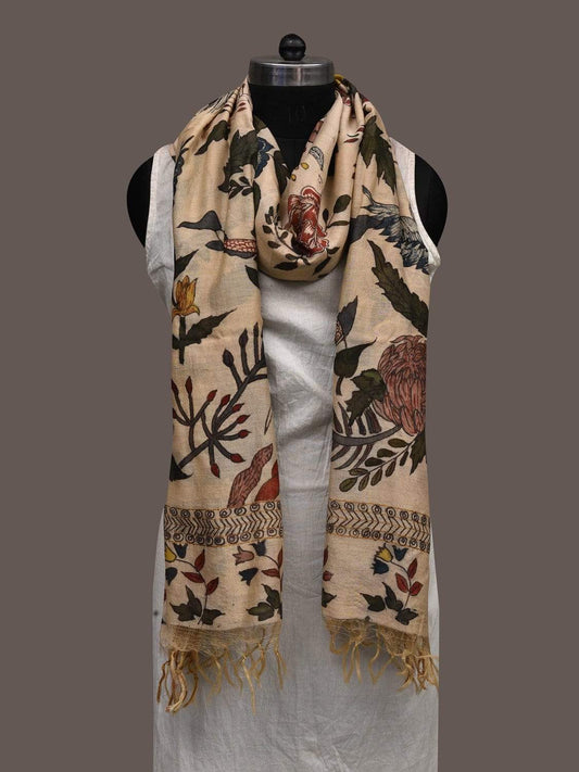 Cream Kalamkari Hand Painted Cotton Silk Dupatta with Floral and Birds Design ds2376