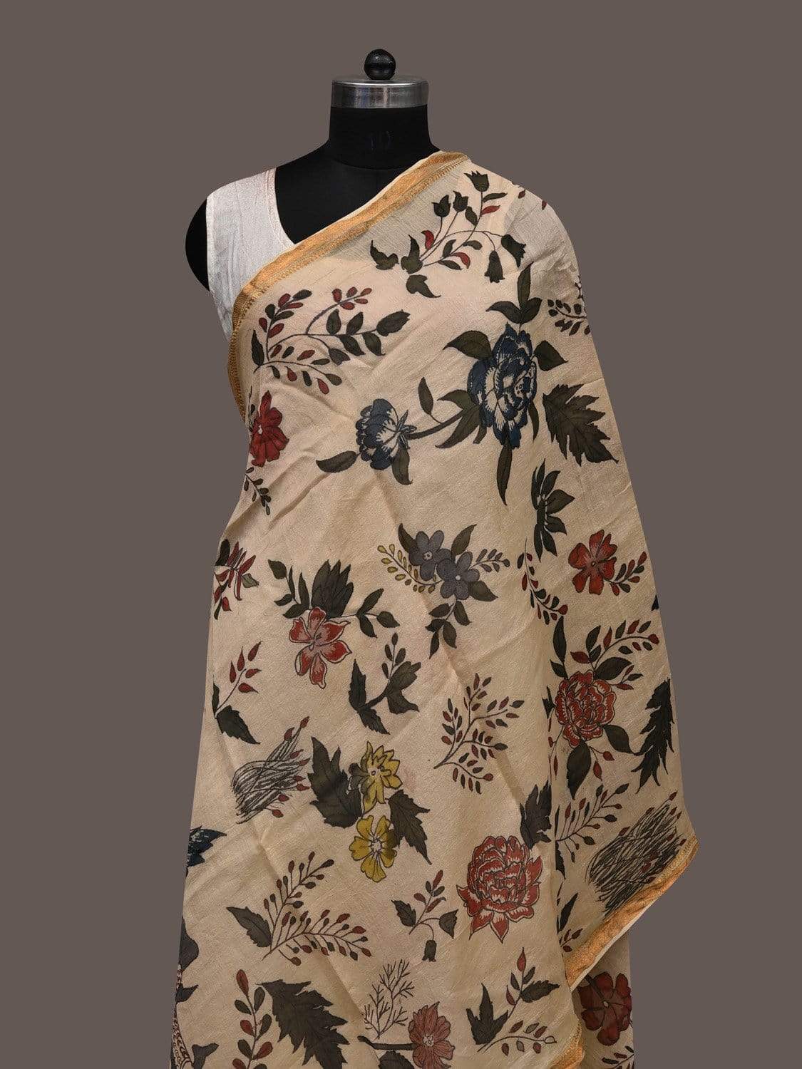 Cream Kalamkari Hand Painted Cotton Silk Dupatta with Floral and Birds Design ds2376