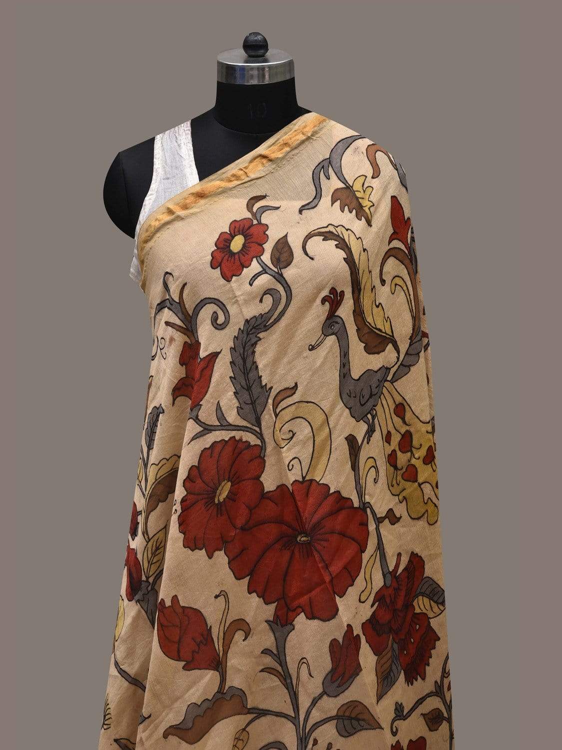 Cream Kalamkari Hand Painted Cotton Silk Handloom Dupatta with Deer and Floral Design ds2541