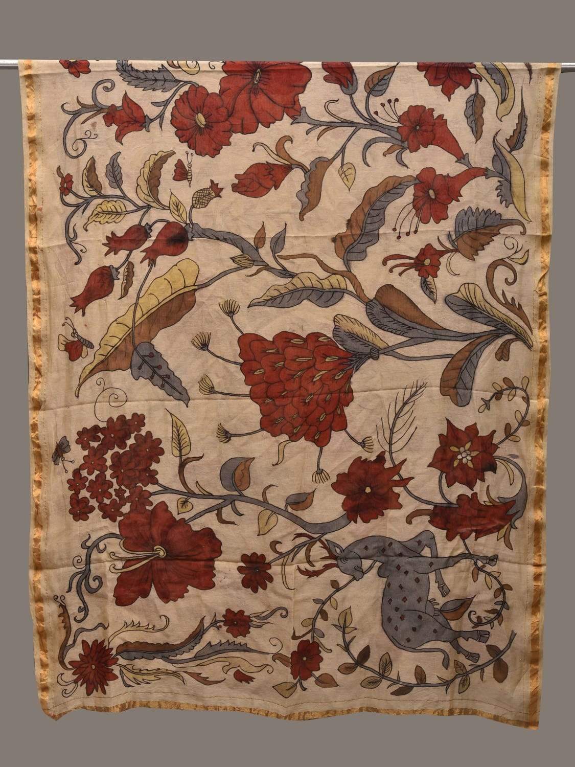 Cream Kalamkari Hand Painted Cotton Silk Handloom Dupatta with Deer and Floral Design ds2541