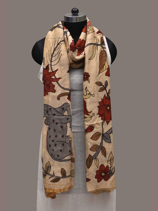 Cream Kalamkari Hand Painted Cotton Silk Handloom Dupatta with Deer and Floral Design ds2541